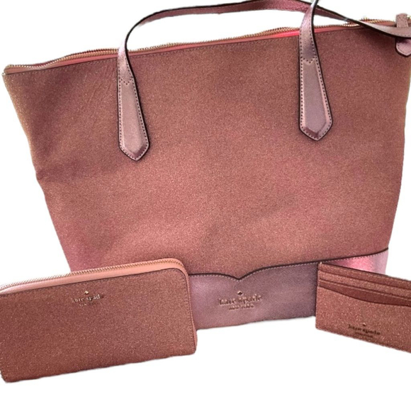 Women's Kate Spade Pink Glitter Tote Bag with Wallet and Card Holder - Picture 1 of 2
